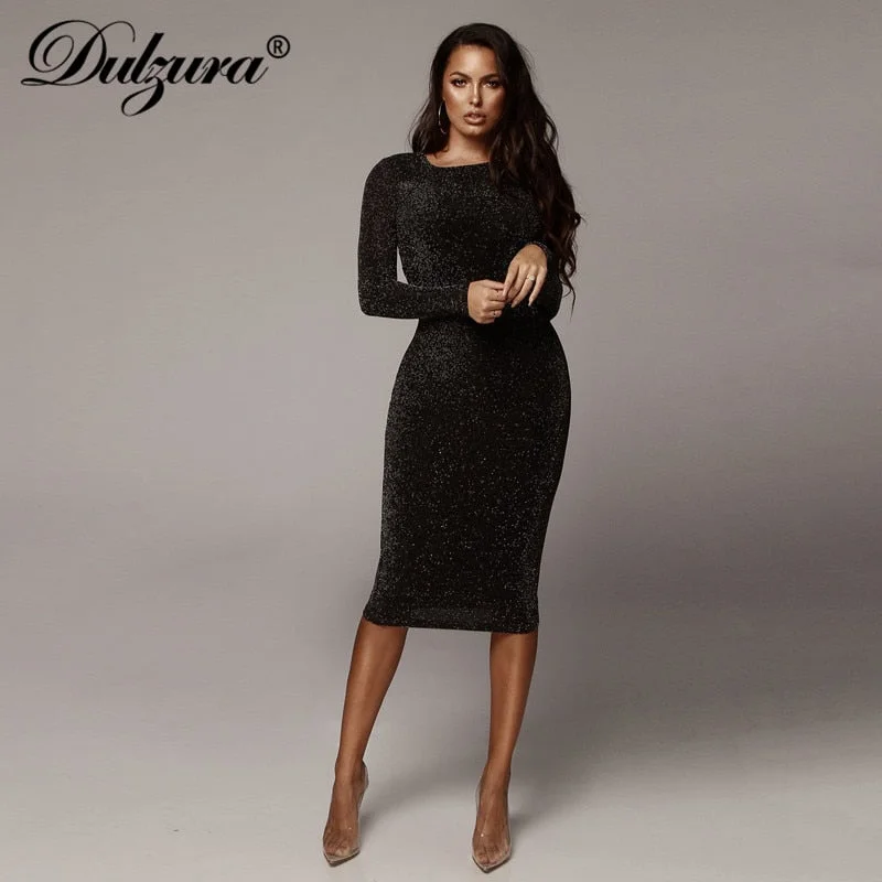 Dulzura glitter sparkle bling long sleeve dress sexy party 2019 autumn winter elegant bodycon christmas sequins club office