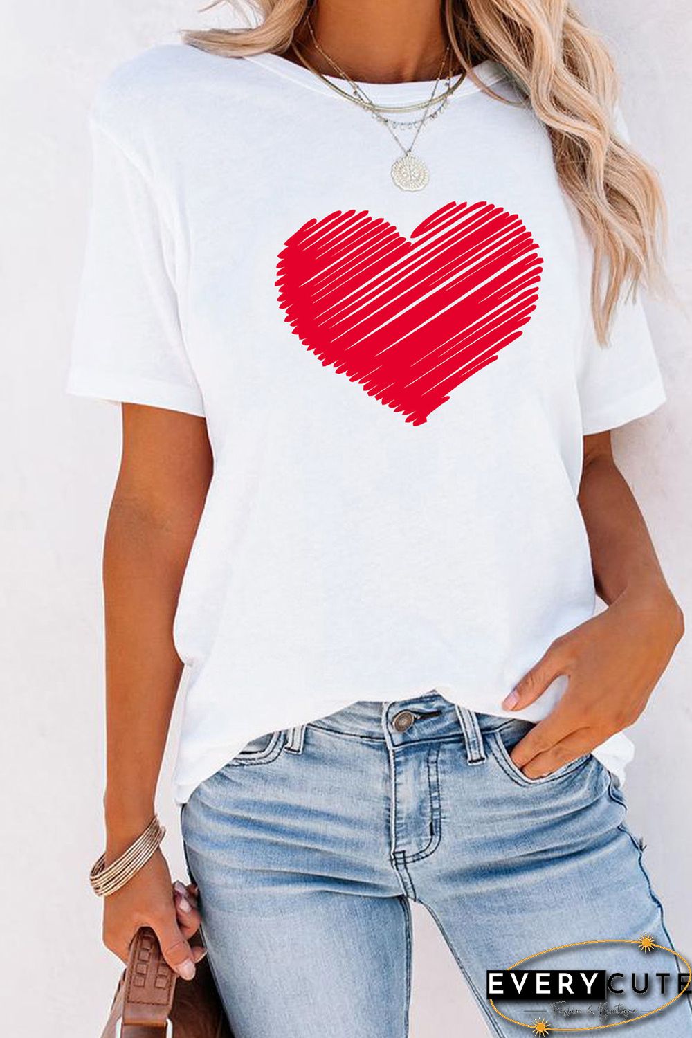 White Valentine Heart-shaped Print Short Sleeve Top