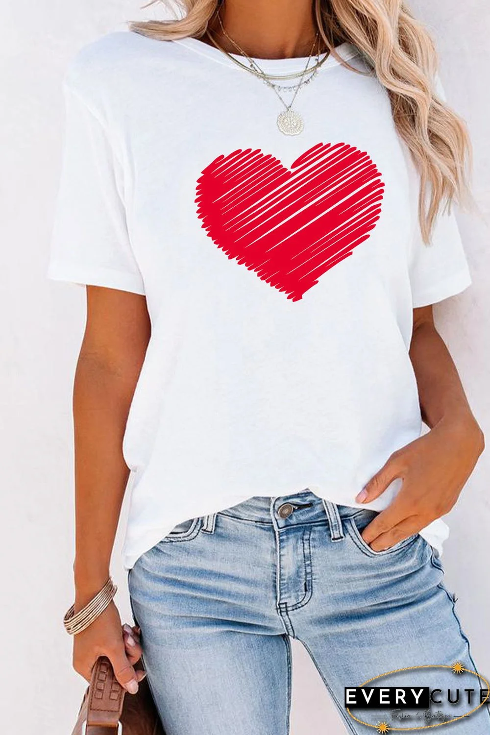 White Valentine Heart-shaped Print Short Sleeve Top