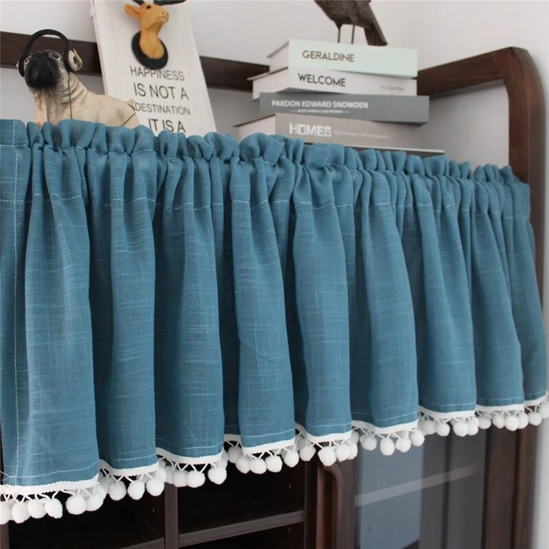 Short Tulle Curtains for Kitchen Cabinet Half-curtain Solid Color Cafe Yarn Curtain Tassel Voile Window Valance Home Room Decor