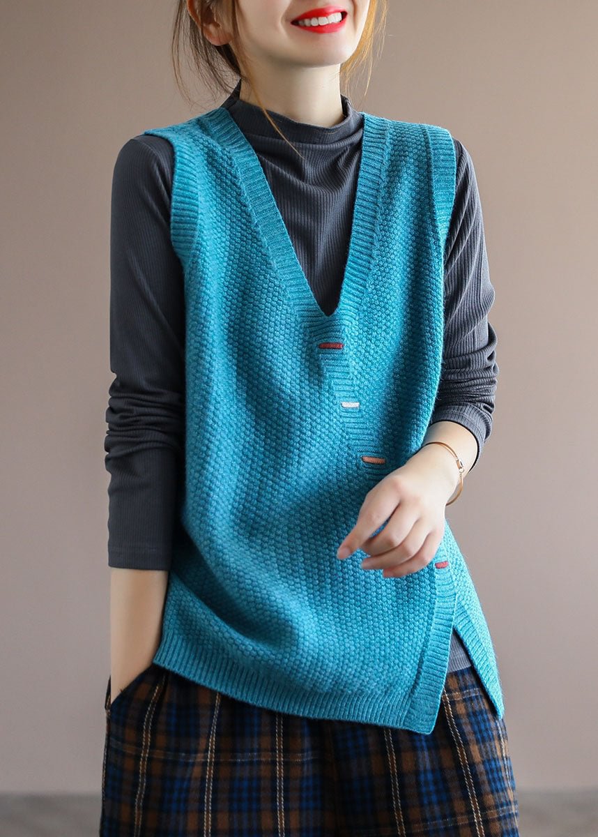 Italian Blue Loose Fall Sleeveless Knit Vest CK2211- Fabulory