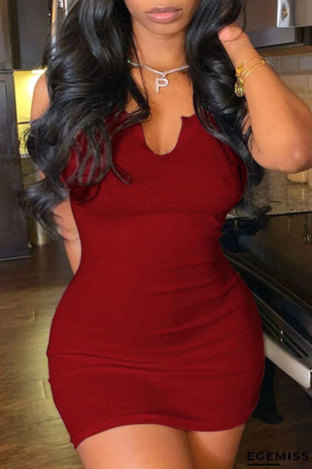 Dark Red Sexy Solid Patchwork V Neck A Line Dresses | EGEMISS