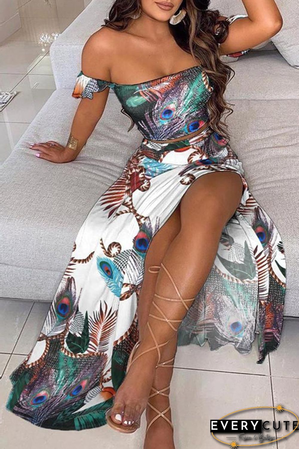 Off Shoulder Ombre Colorblock Top & High Slit Maxi Skirt Sets P13628