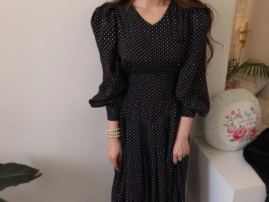 Spring Fashion French Vintage Maxi 2021 Ladies Lantern Sleeve Dot Chiffon Dresses Femme Autumn Robe