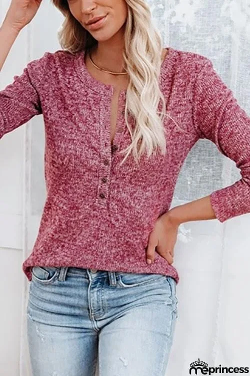 Button O Neck Knit Long Sleeve Top