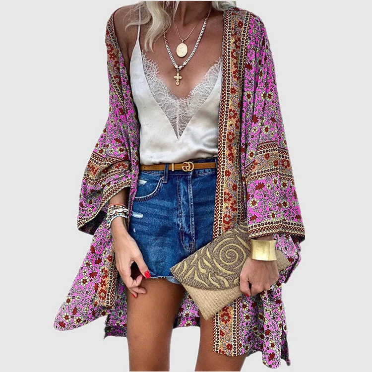Uveng Early Autumn Street Hipster Thin Loose Bohemian Long-sleeved Printed Mid-length Cardigan
