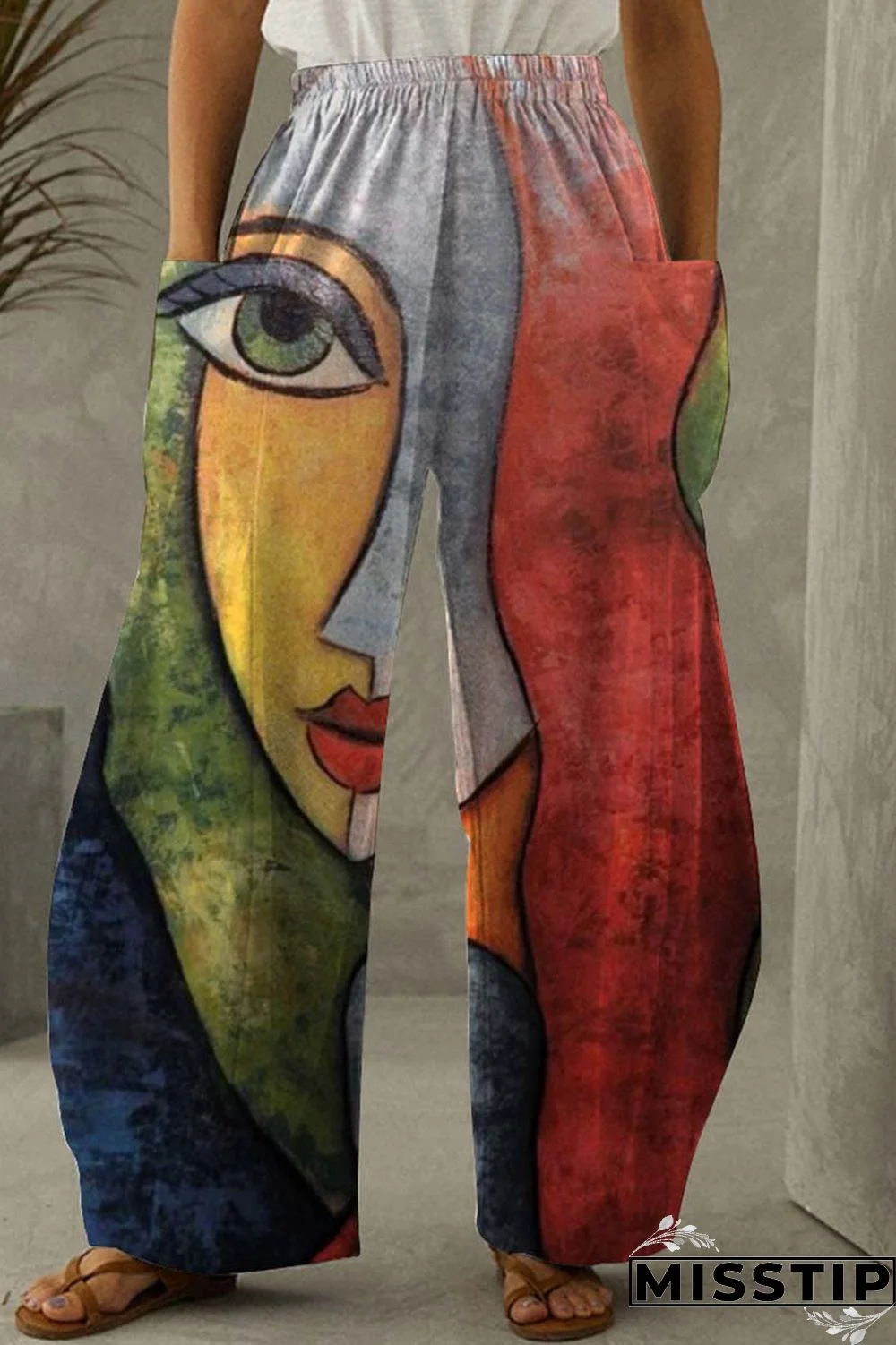 Black Yellow Fashion Casual Print Patchwork Pocket Regular High Waist Trousers