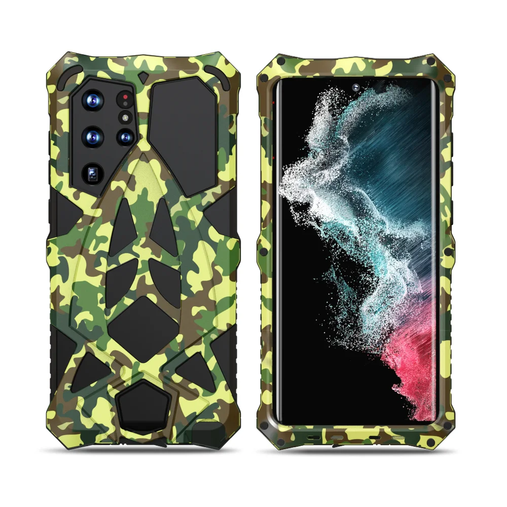Shockproof Camouflage Armor Metal Frame Silicone Aluminum Heavy Duty Full Camera Protection Cover For Galaxy S22 Ultra 5G
