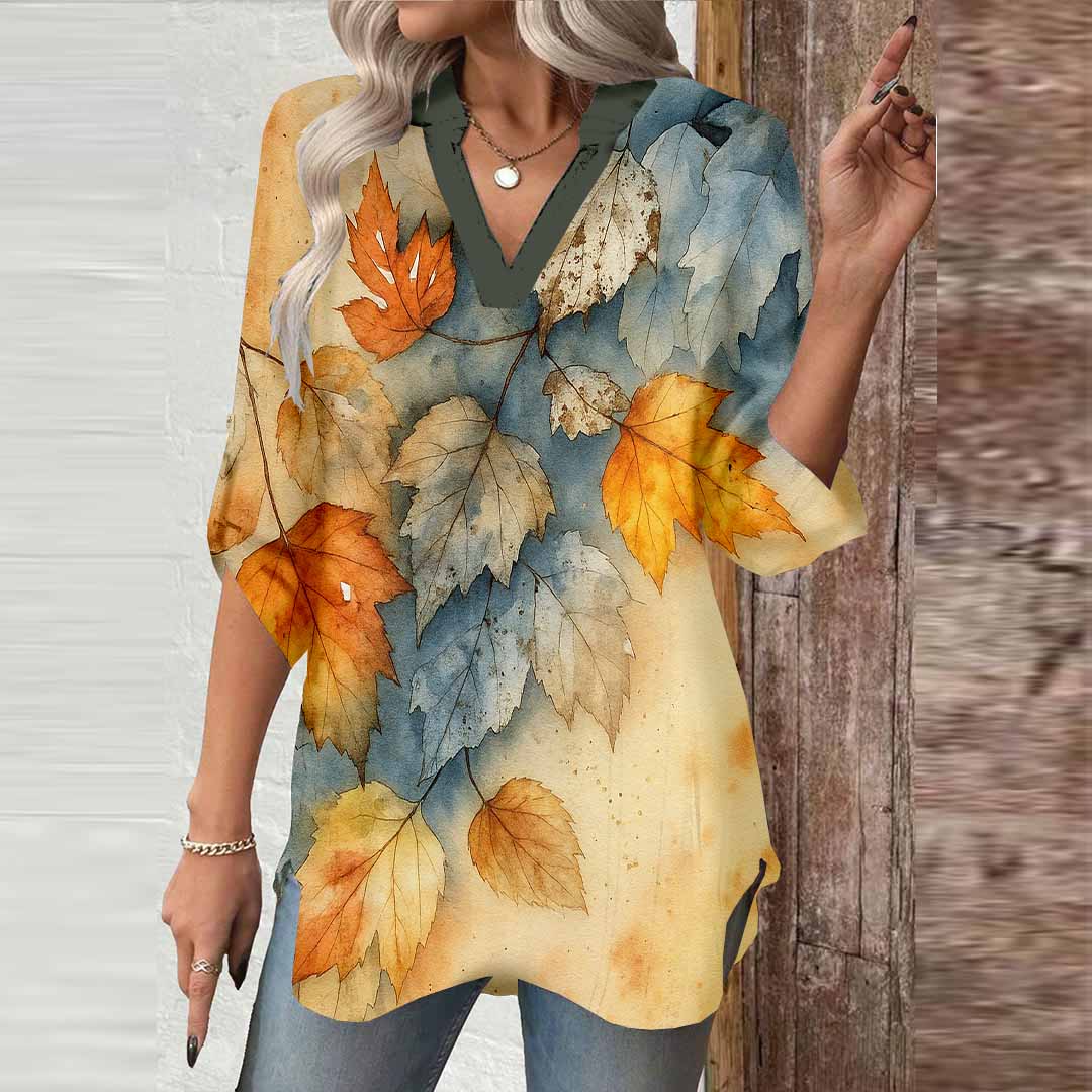 Women Leaves, Yellow DZGA0350 3/4 Sleeve V-neck Printed Graphic Button Tops