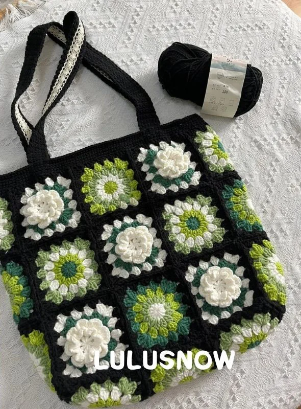Lulusnow Handmade Black Green 3D Flower Granny Square Crochet Shoulder Bag Gift For Her/St.Patrick's/Birthday