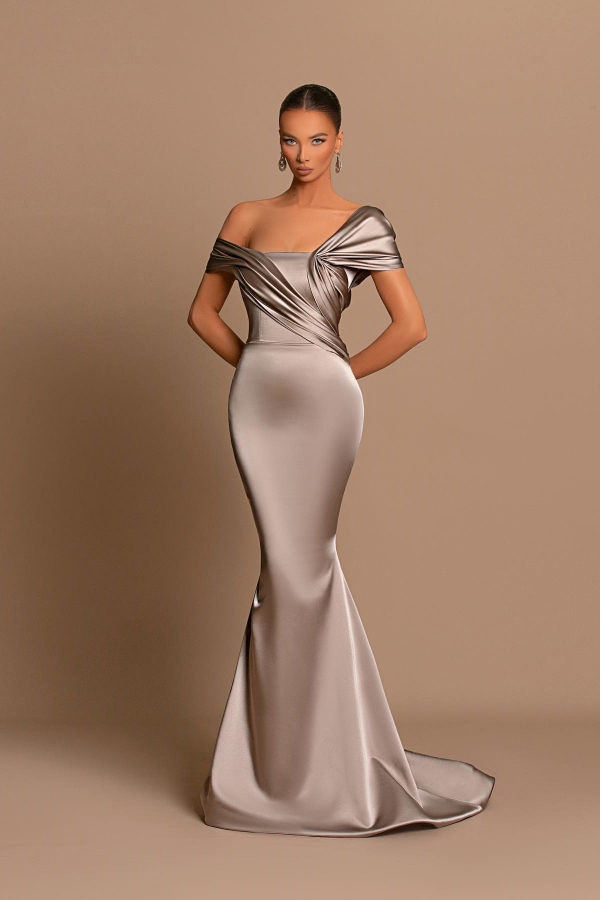 Oknass Glamorous Gray Off-The-Shoulder Sleeveless Mermaid Pleated Long Prom Dress