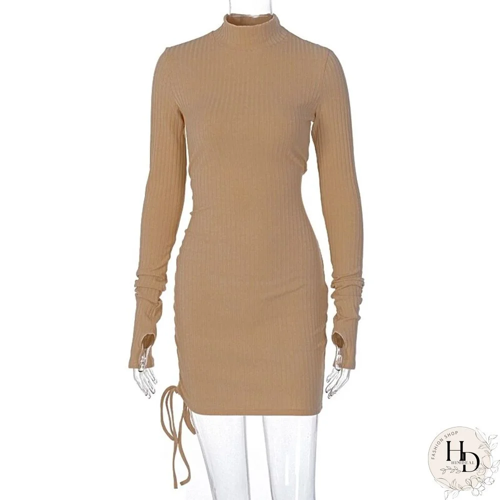 Ribbed Stripe Women Mini Dress Drawstring Ruched Lace Up Long Sleeve Bodycon Bandage Sexy Party Elegant Autumn Winter