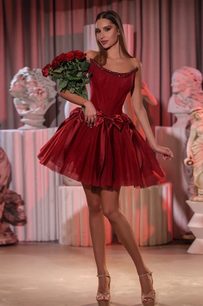 Miabel Shinning Burgundy Tulle A Line Strapless Sleeveless Bow Short Prom Dress with Beadings 