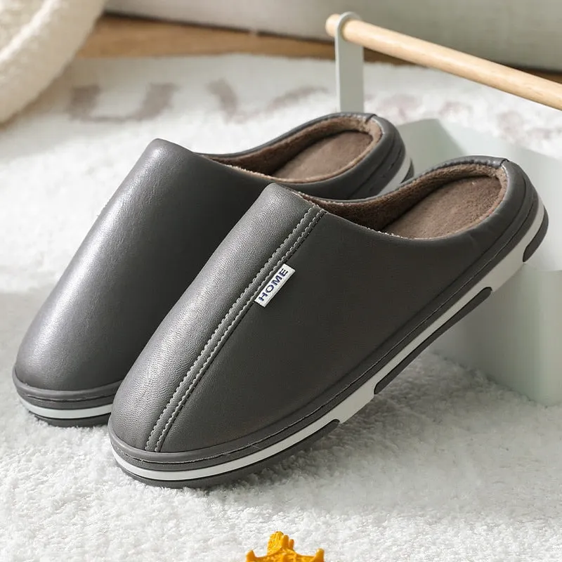 Leather Slippers Waterproof Women's Slippers for Home Velvet Plush Fur Slippers Couple Bedroom Slippers Soft Shoes for Home
