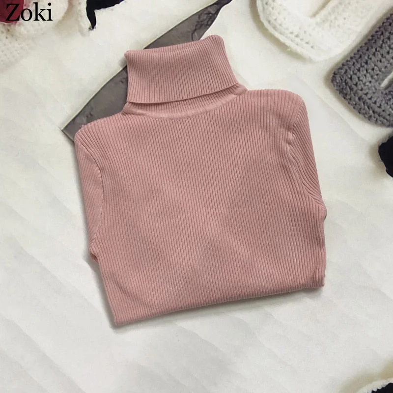 Zoki Soft Women Turtleneck Sweater Autumn Long Sleeve Elastic Female Knitted Jumper Casual Pullover Slim Winter Basic Tops 2021