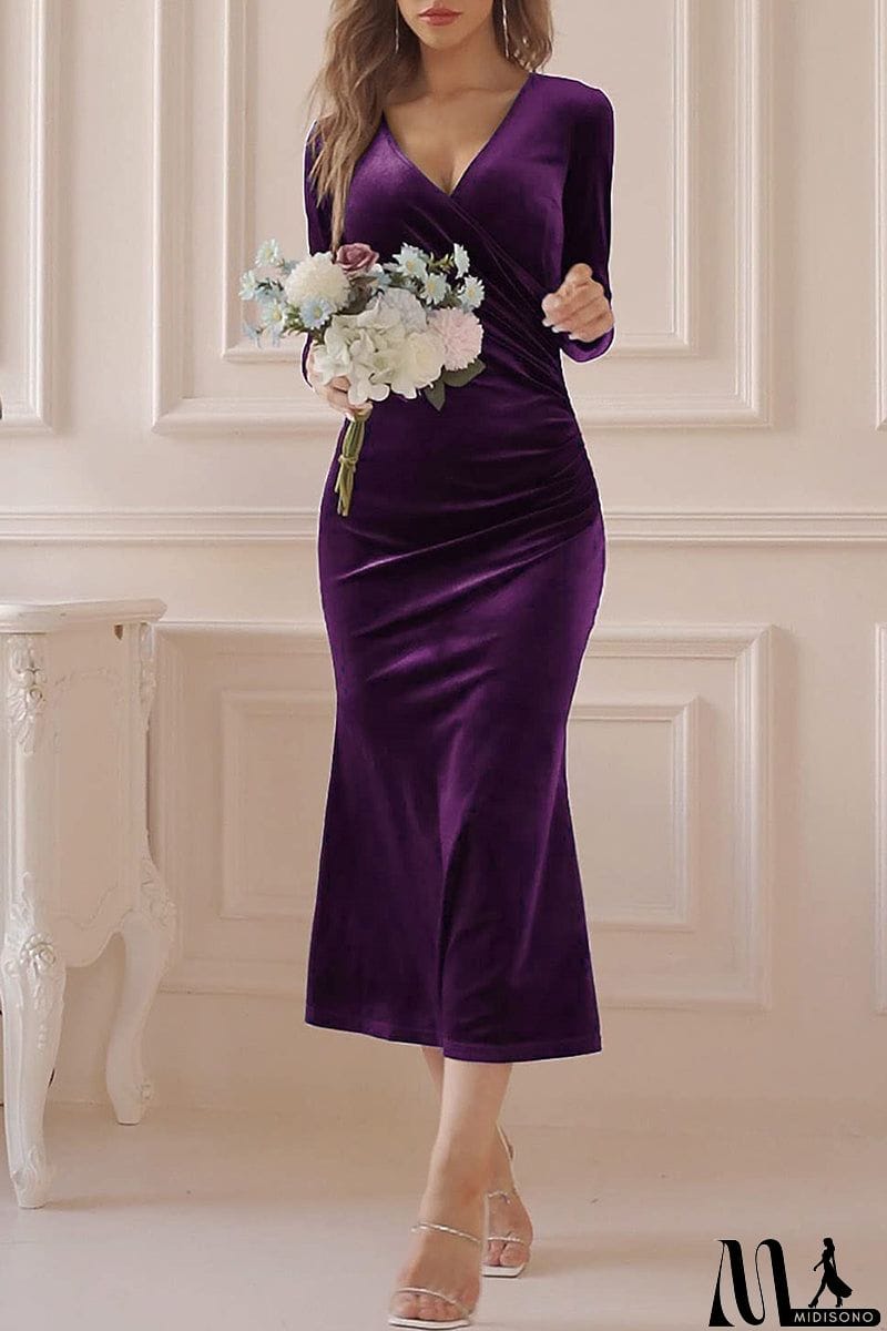 MidiSono - Solid V Neck Trumpet Mermaid Dresses(4 Colros)