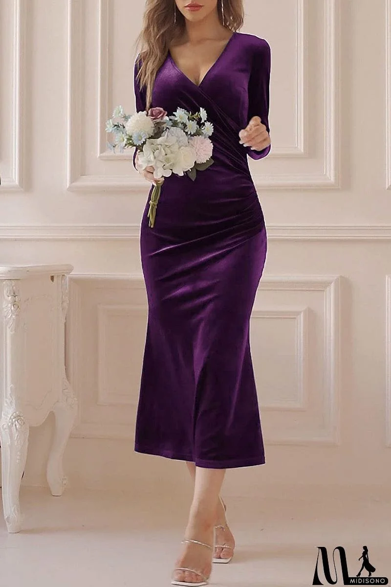 MidiSono - Solid V Neck Trumpet Mermaid Dresses(4 Colros)