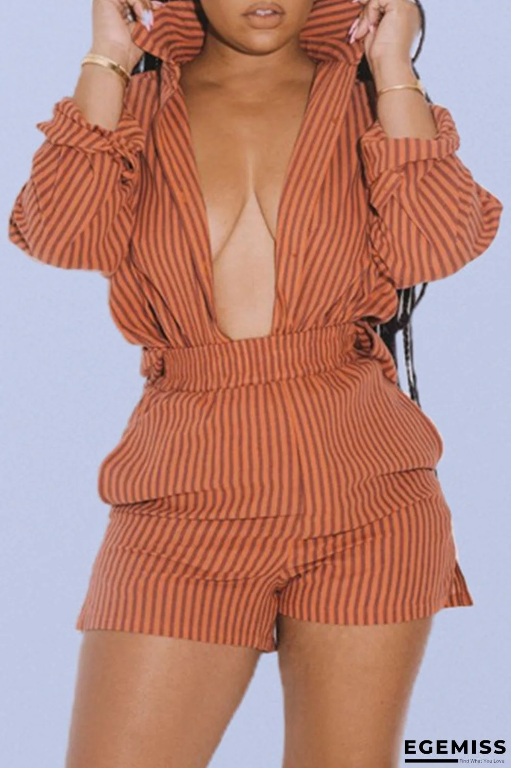 Orange Fashion Casual Striped Print Basic Turndown Collar Long Sleeve Two Pieces | EGEMISS