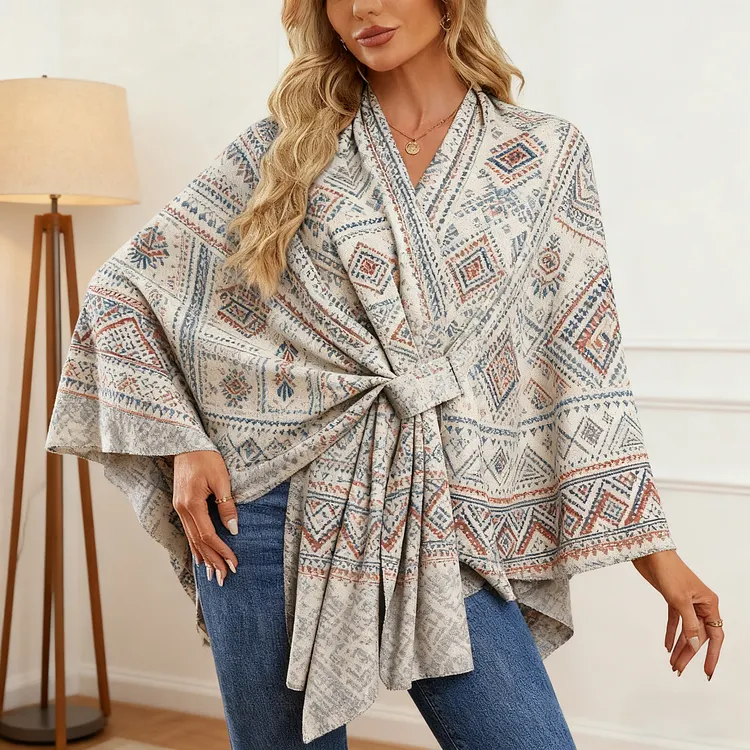 Vintage printing Elegant Shawl Wraps Soft Open Front Poncho Sweater 
