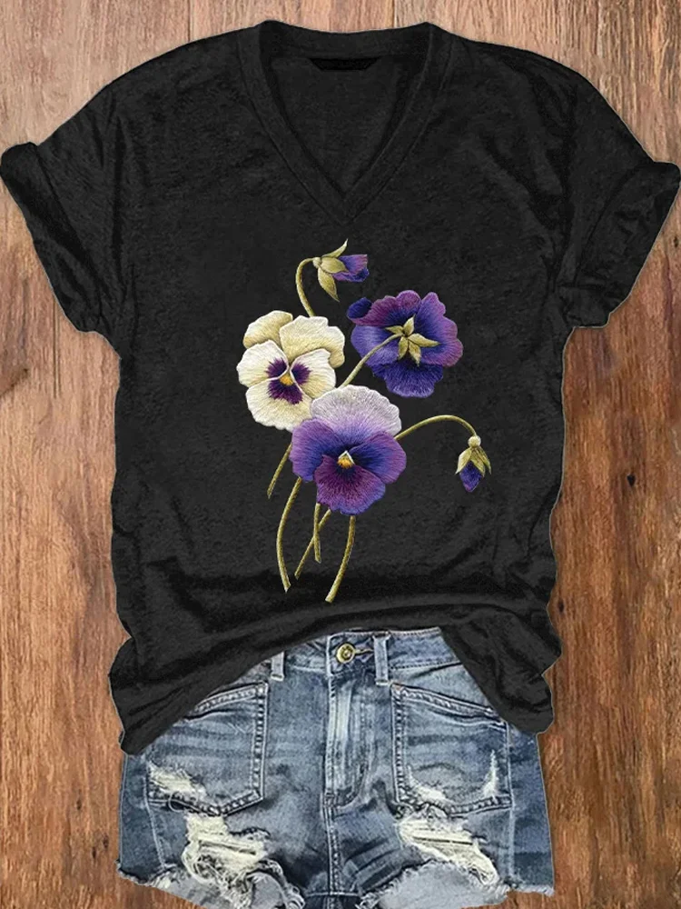 Women's Alzheimer's Awareness Purple Floral Print V-Neck T-Shirt