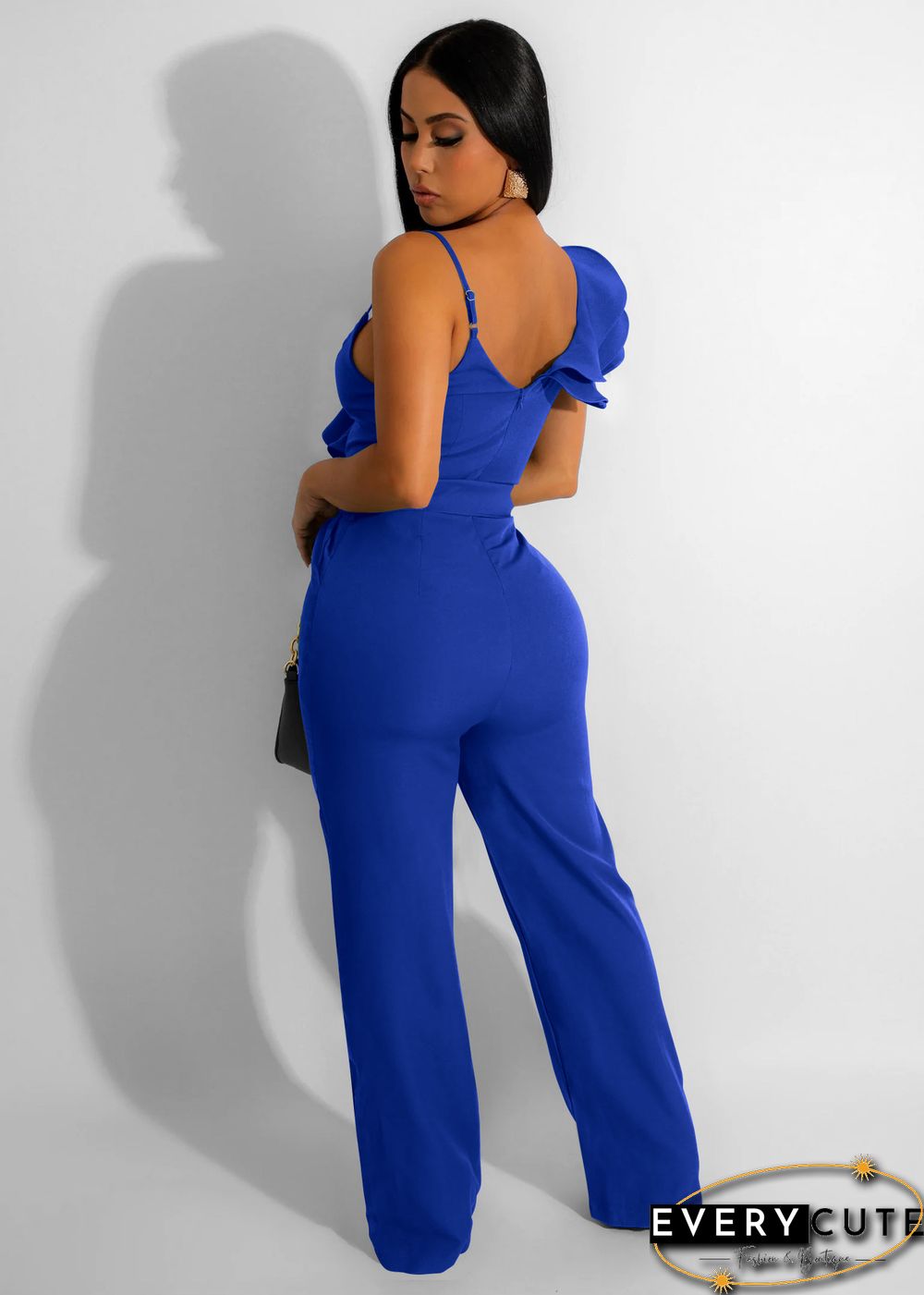 Fashion Ruffled Sleeveless Waist Deep V Loose Jumpsuit