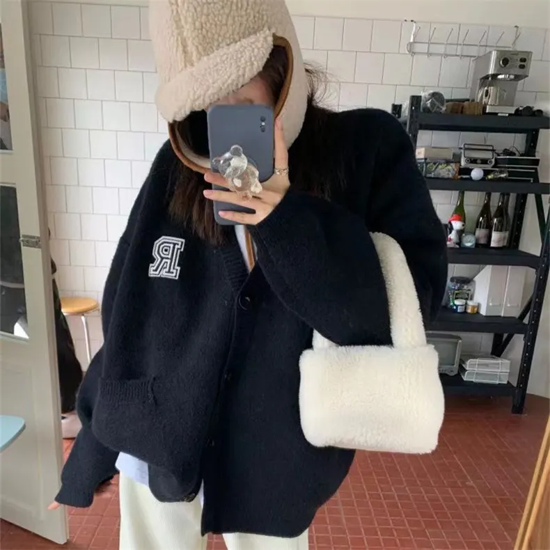 Churchf Churchf Wind Oversize Increase Thick Knit Letter Embroidered Sweater Coat Female Loose Autumn Winter Women's Clothing