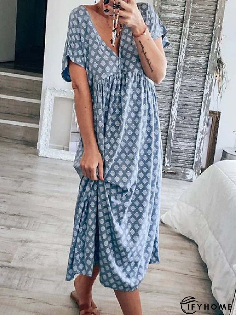 Blue Geometric Casual Floral-Print V Neck Knitting Dress | IFYHOME