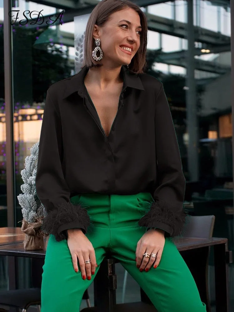 2022 Autumn Winter Black Feather Blouse Shirts Women Satin Long Sleeve Fashion Elegant Top Shirt Sexy Vintage Clothing