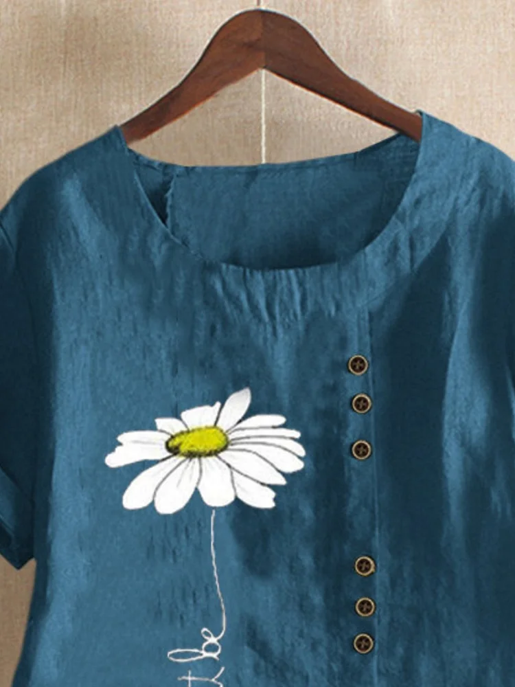Blue Casual Floral-Print Cotton Shirts & Tops