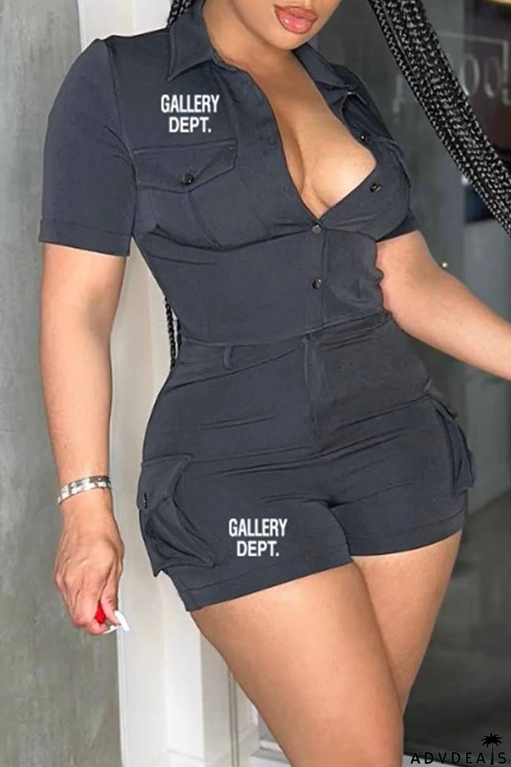 Yellow Street Print Letter Turndown Collar Short Sleeve Two Pieces