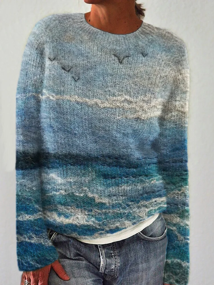 VChics Dreamy Seascape Wool Art Cozy Sweater