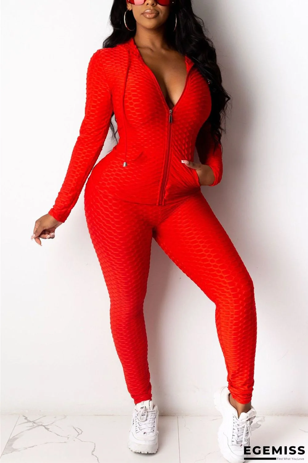 Red Fashion Casual Adult Solid Cardigan Hooded Collar Long Sleeve Regular Sleeve Regular Two Pieces | EGEMISS