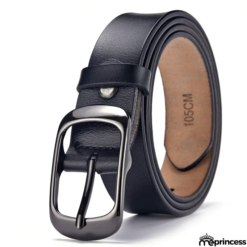 Women's Cowskin Metal Pin Buckle Closure Solid Pattern Belt
