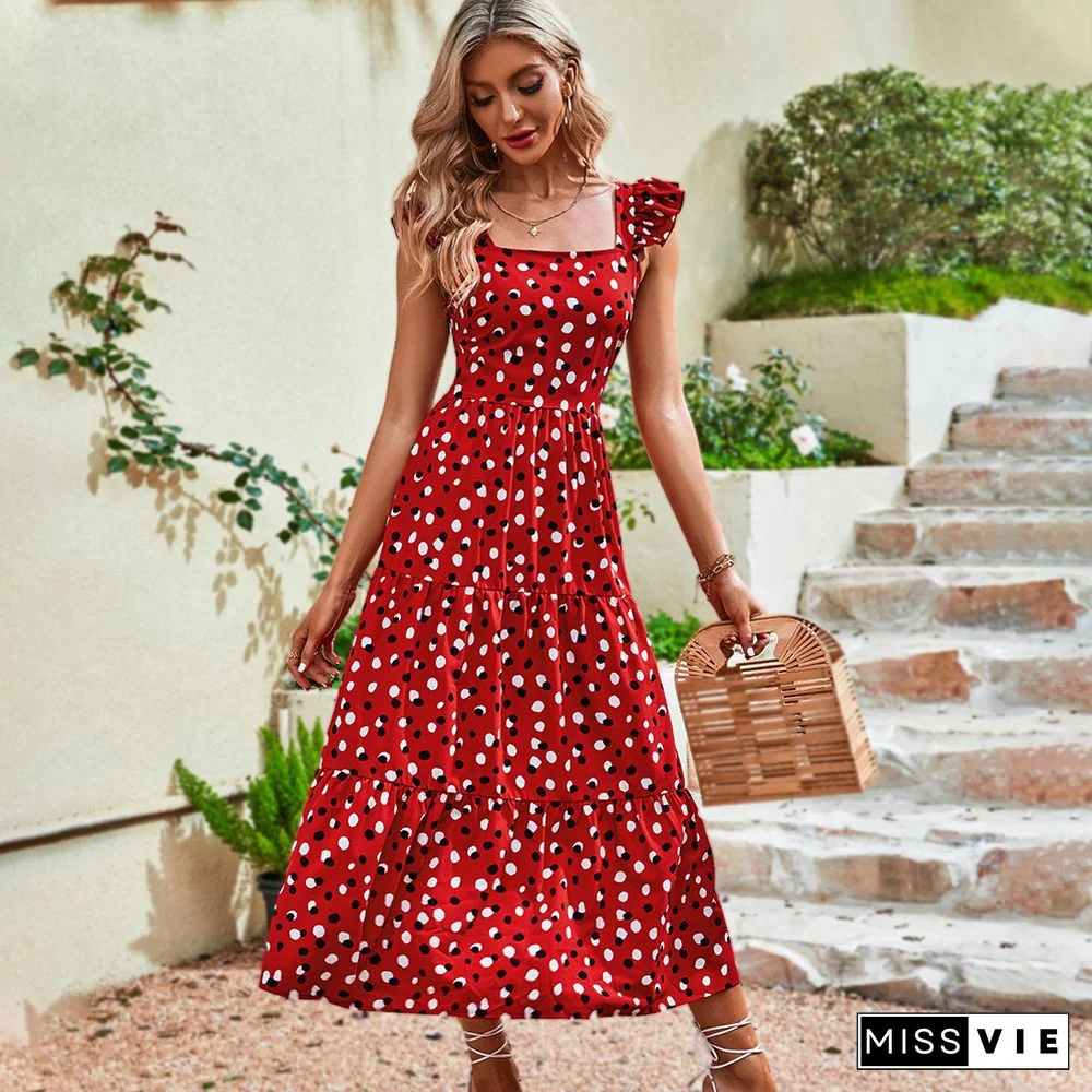 Sexy Dress For Women Summer New Casual Beach Square Neck Short Flying Sleeve Backless High Waist Long Polka Dot Print Dress