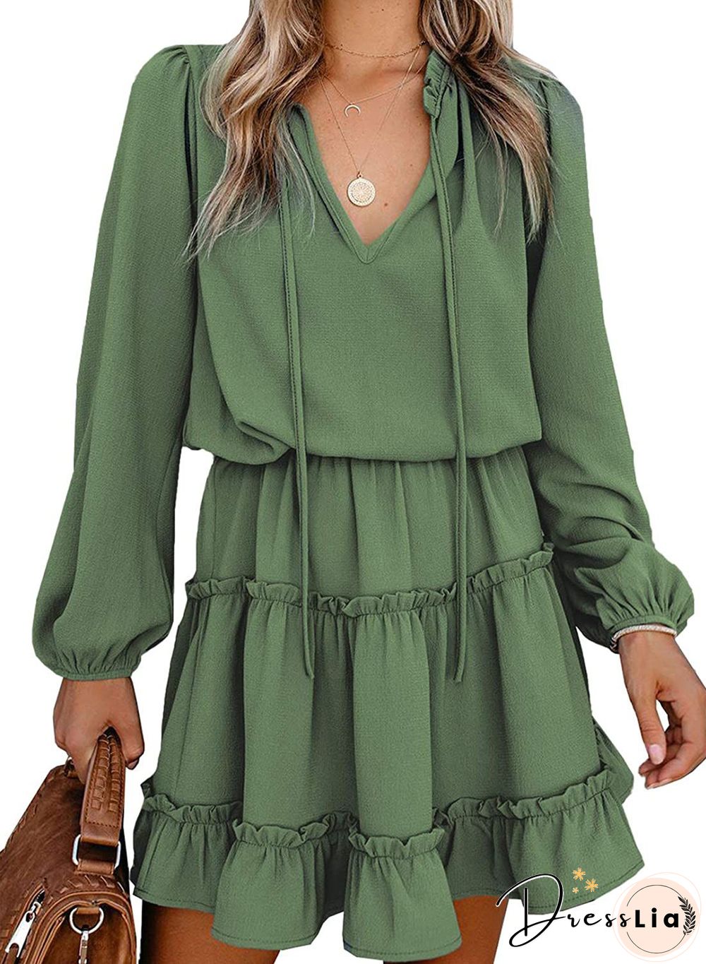Ditsy Floral Prints Ruffle Edge Tiered Long Sleeve Boho Dress