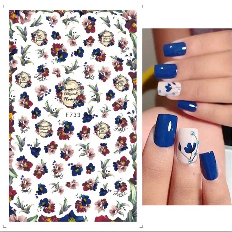 Nail Stickers Back Glue Colorful Flowers Green Leaves Designs Nail Decal Decoration For Nail Tips Beauty-Nail Inspo