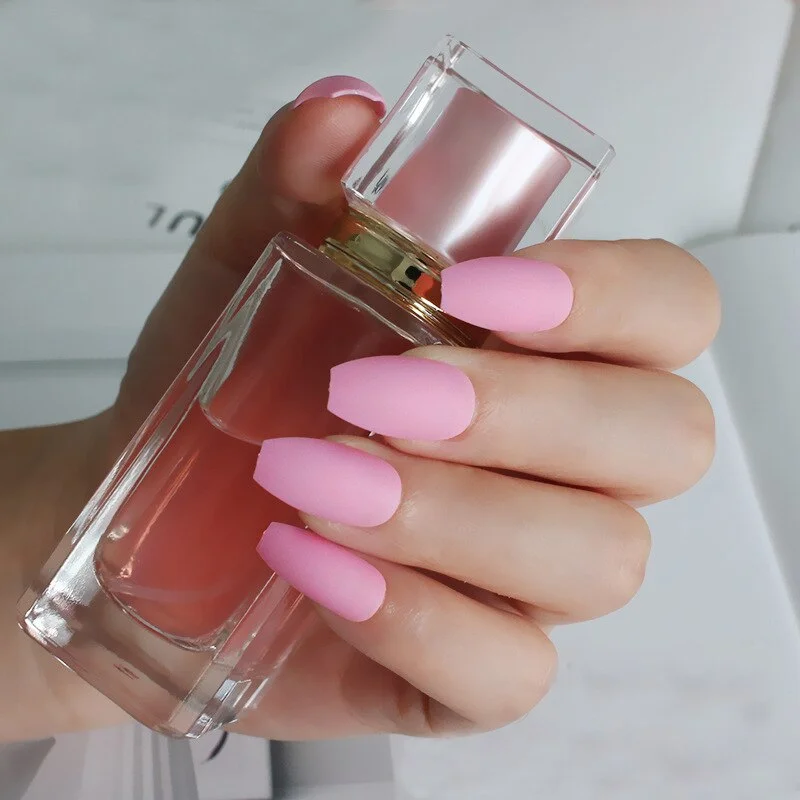 24pcs/set Black Round matte false nails Short Full Cover Frosted Ballerina Nail Tips Red small round oval fake nails art set-Nail Inspo