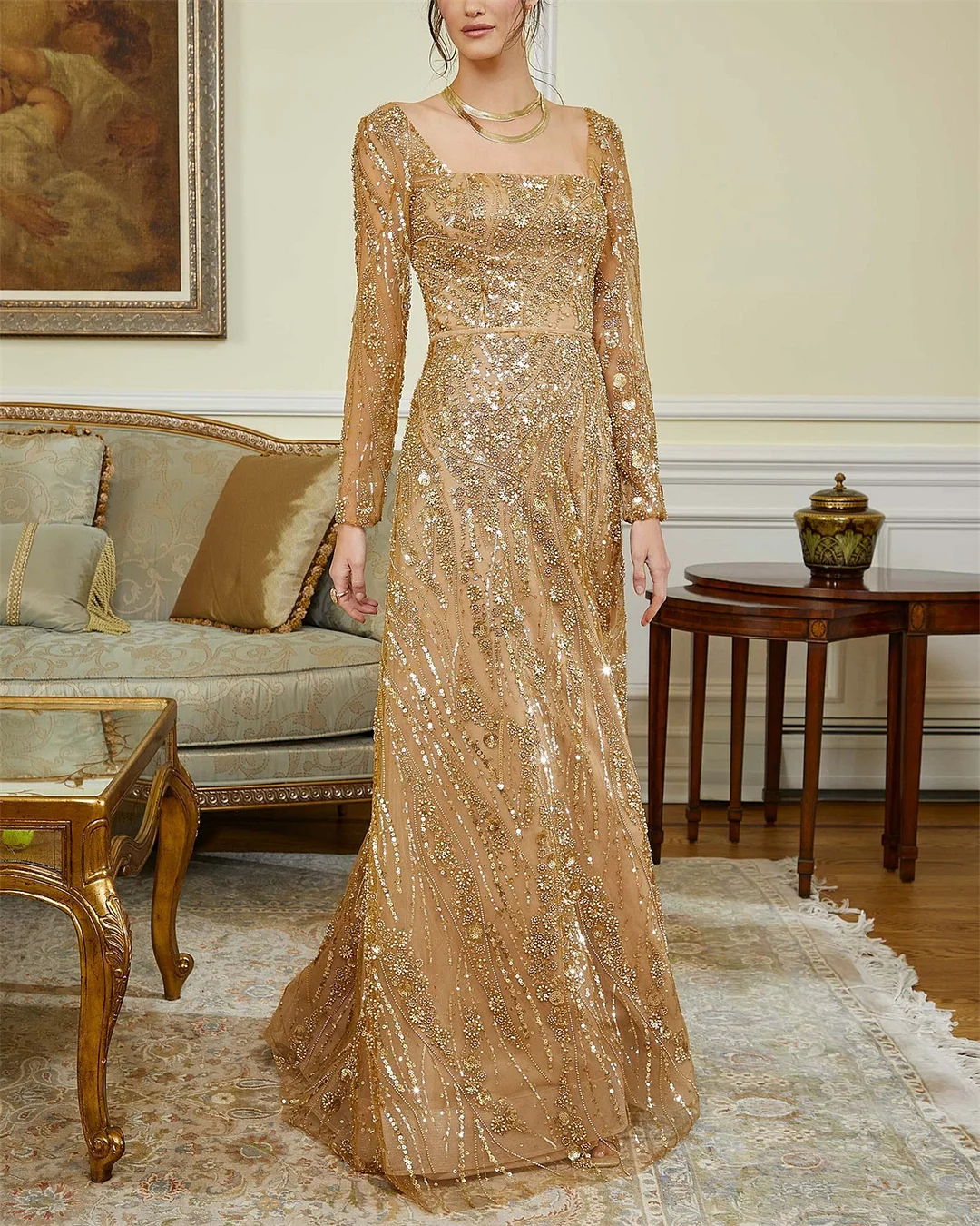 Women's Long Sleeve Square Neck Sequined Dress