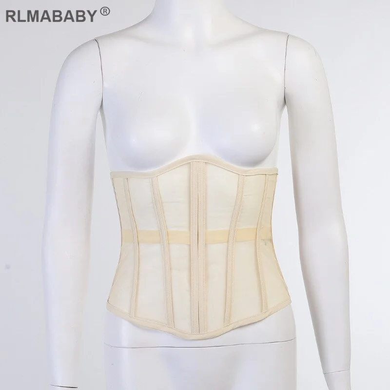 Uaang Sexy Transparent Stripped Back Bandage Mesh Corset Casual Streetwear Female Corset Top Fashion Elegant Office Lady Corset Belt