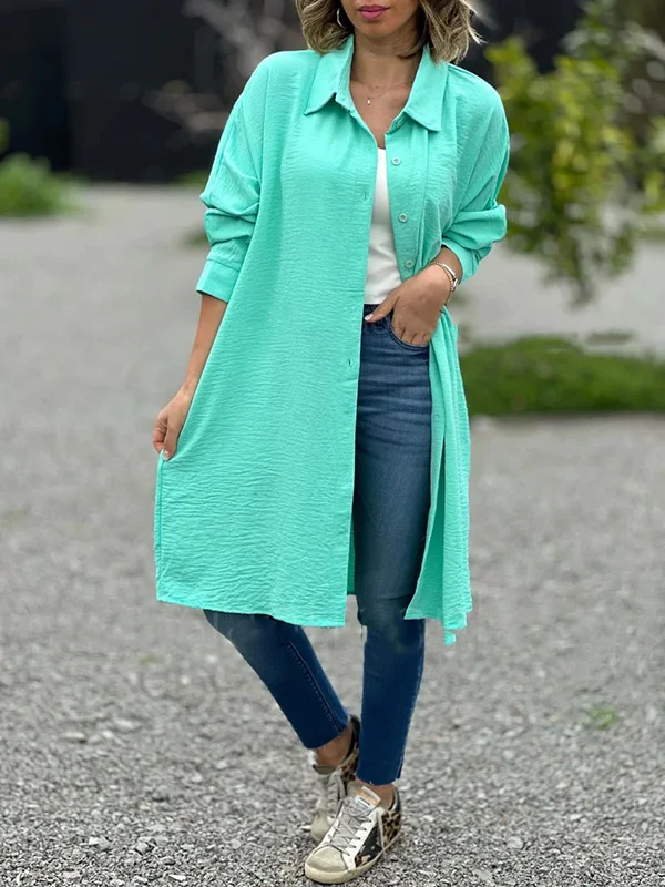 Buttoned Solid Color A-Line Long Sleeves Lapel Shirt Dress Midi Dresses