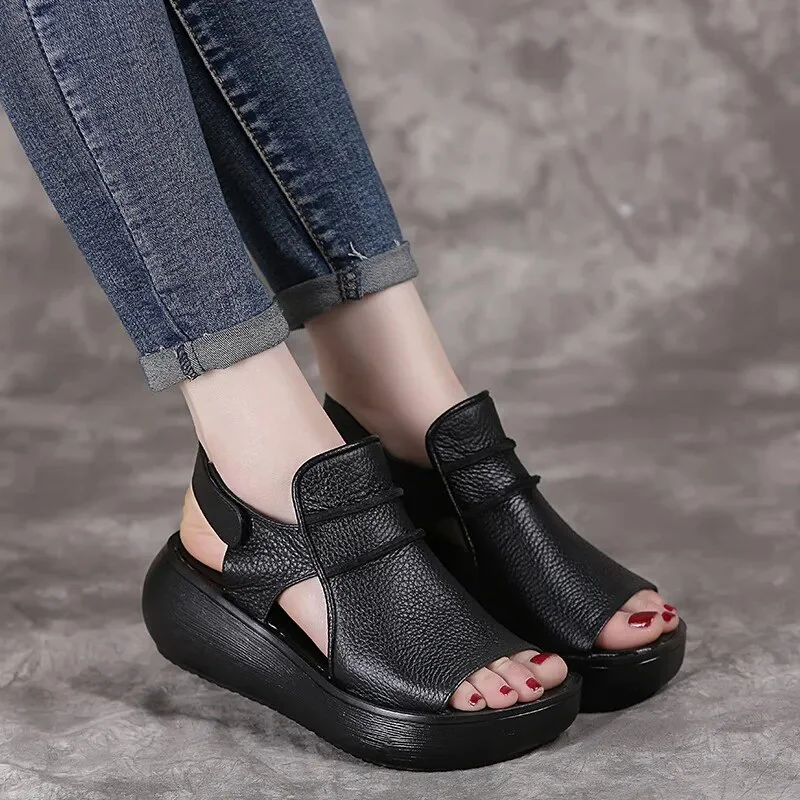 Qjong 2023 Summer Shoes Thick Bottom Flat Platform Sandals For Women Genuine Cow Leather Fashion Wedges Peep Toe Women Sandals