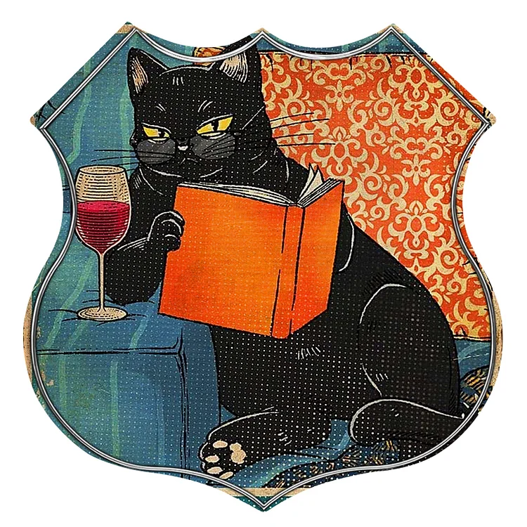 Livre de lecture de chat noir - bouclier vintage enseigne en étain - 11.8x11.8inch