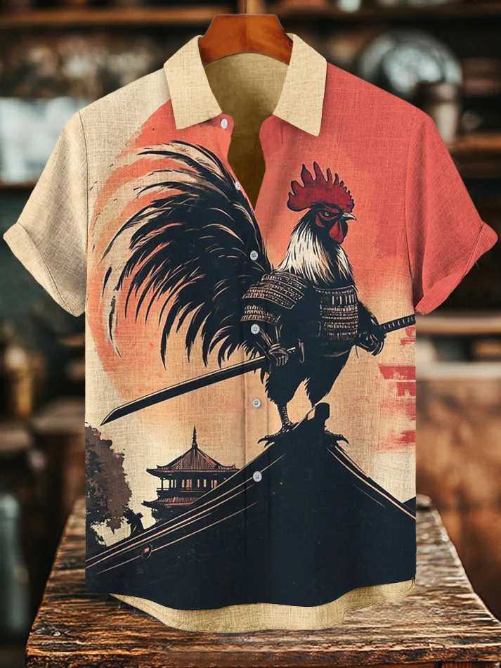Men's Vintage Japanese Art Chicken Samurai Print Short Sleeve Shirt