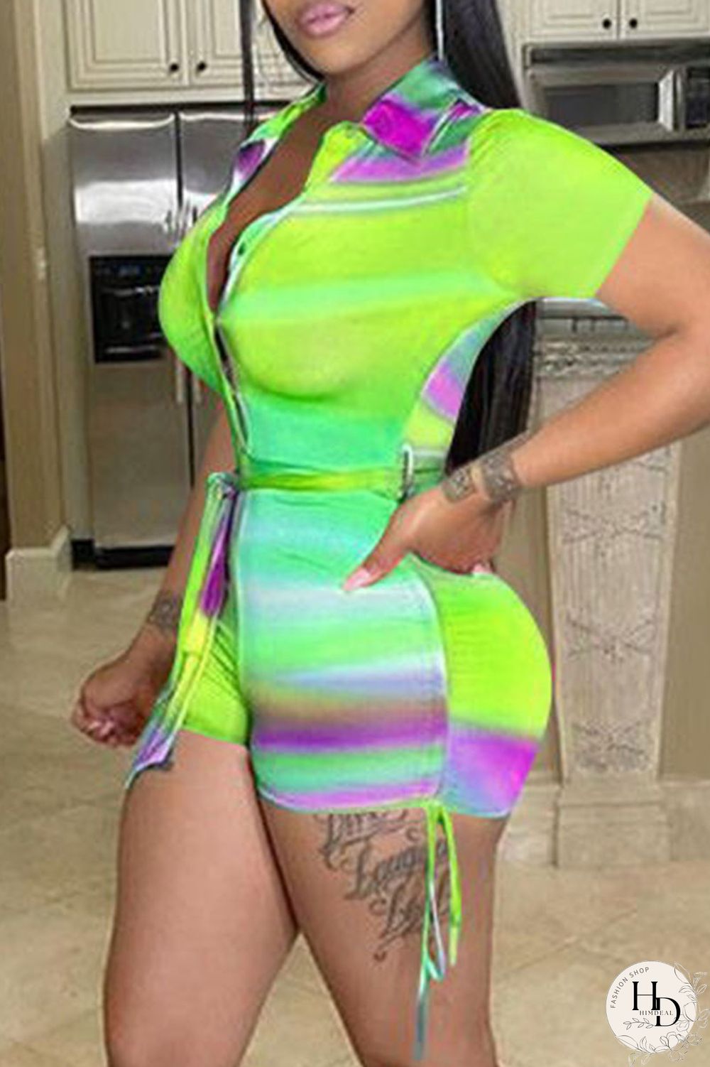 Fluorescent Green Casual Print Draw String Frenulum Turndown Collar Regular Jumpsuits
