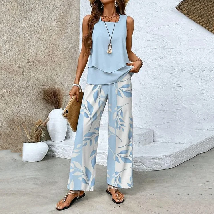 Utbros Flower Print Sleeveless Double Layer Tank Pants Two Piece Set