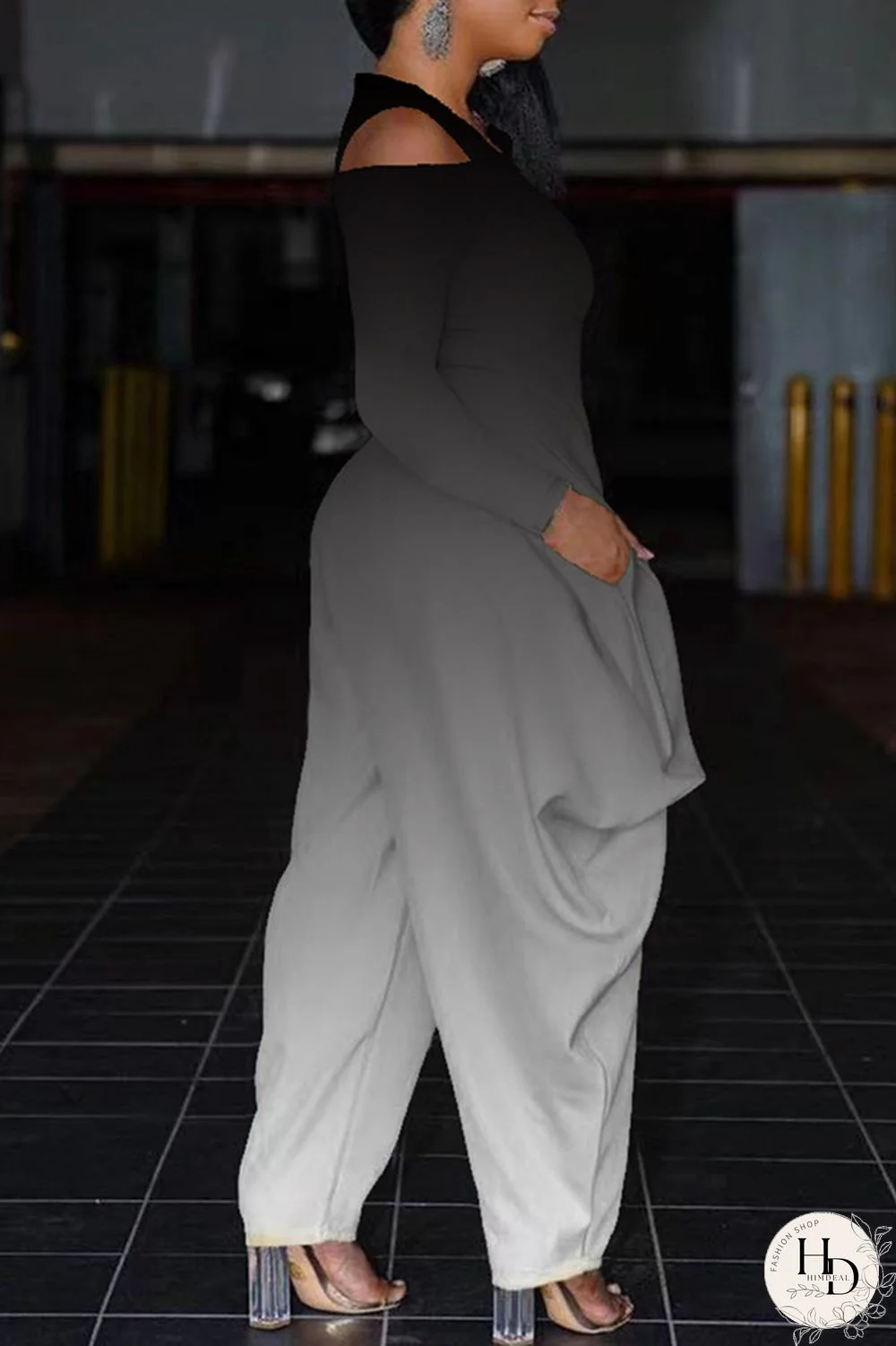 Blue Fashion Casual Gradual Change Print Hollowed Out V Neck Regular Jumpsuits