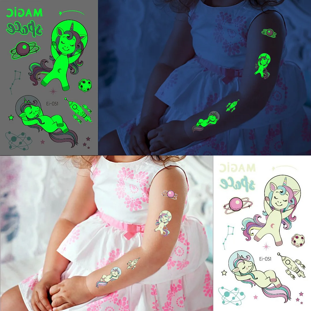 Sdrawing Glow In The Dark Temporary Tattoos For Kids Boys Kids Fake Luminous Tattoo Flash Animal Cartoon Party Favor Set Glowing Zoo