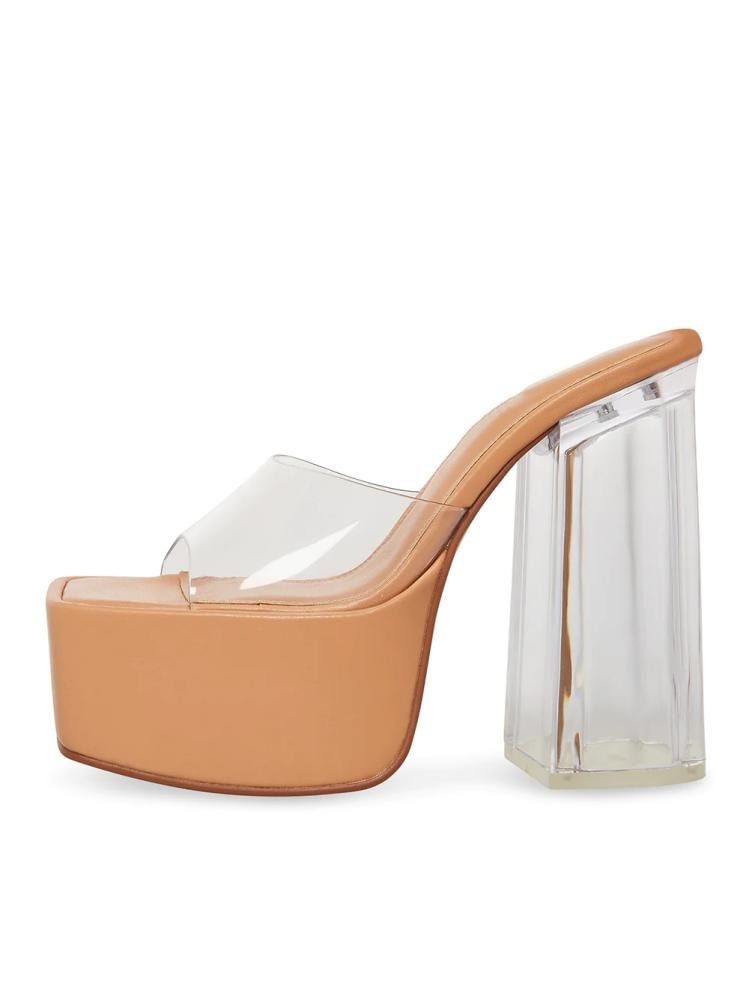 Clear Square Toe Platform Chunky Heel Slippers Sandals