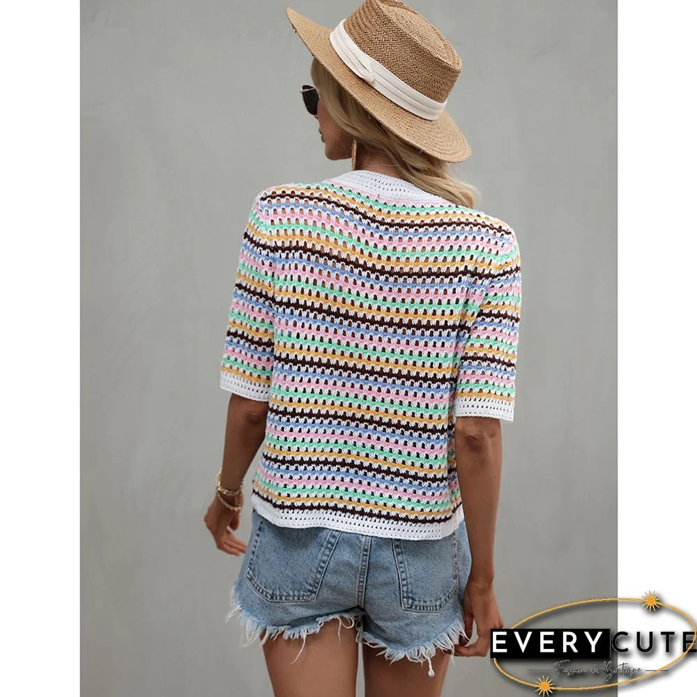 White Colorblock Striped Hollow Out Knit Sweater