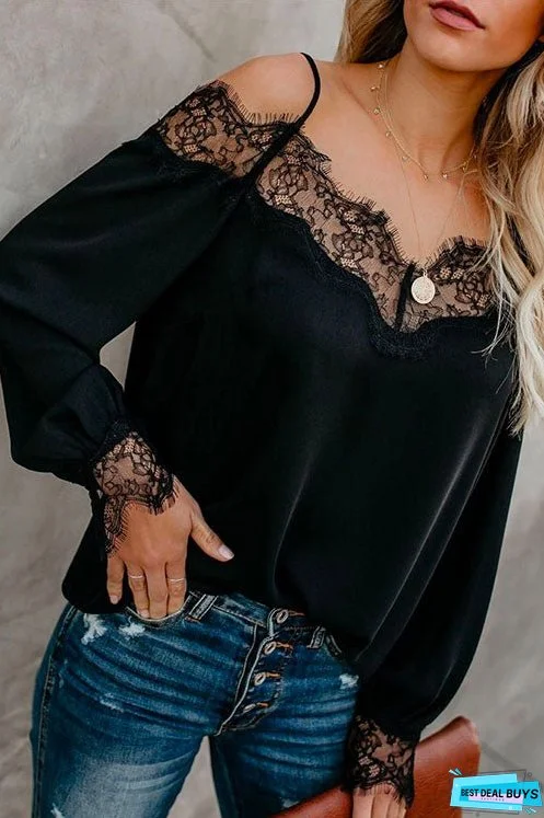 Meridress V Neck Cold Shoulder Lace Splice Chiffon Top